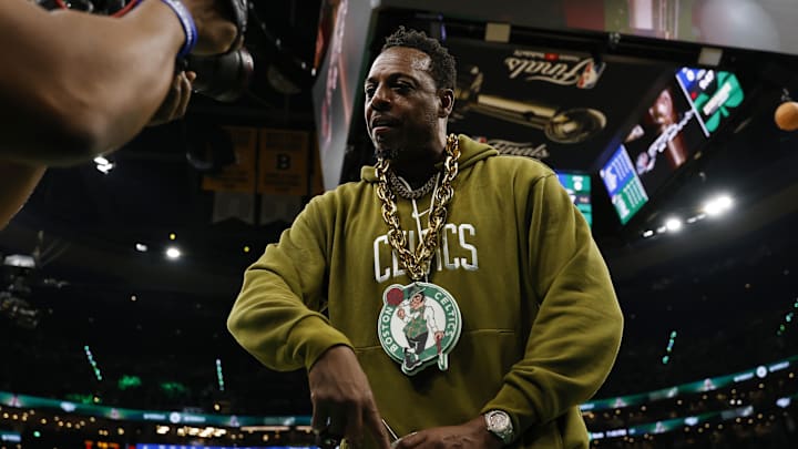 Jun 9, 2024; Boston, Massachusetts, USA; Boston Celtics former player Paul Pierce looks into a video camera on the court before game two of the 2024 NBA Finals between the Boston Celtics and the Dallas Mavericks at TD Garden. Mandatory Credit: Peter Casey-Imagn Images Jun 9, 2024; Boston, Massachusetts, USA; Boston Celtics former player Paul Pierce looks into a video camera on the court before game two of the 2024 NBA Finals between the Boston Celtics and the Dallas Mavericks at TD Garden. Mandatory Credit: Peter Casey-Imagn Images