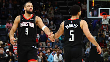 Jan 30, 2025; Memphis, Tennessee, USA; Houston Rockets forward Dillon Brooks (9) reacts with Houston Rockets guard Fred VanVleet (5) during the fourth quarter against the Memphis Grizzlies at FedExForum. Mandatory Credit: Petre Thomas-Imagn Images