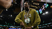 Pierce looks into a video camera on the court before game two of the 2024 NBA Finals.