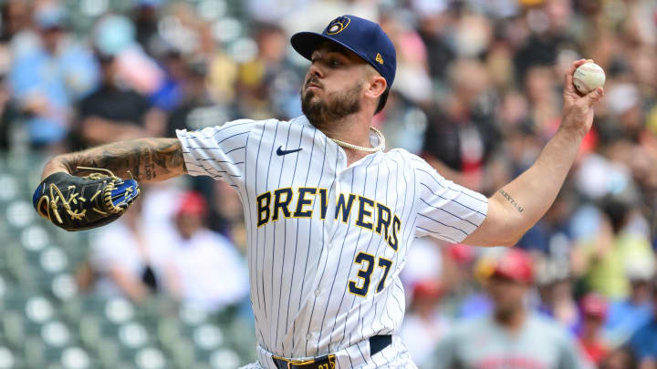 Aug 11, 2024; Milwaukee, Wisconsin, USA;  Milwaukee Brewers starting pitcher DL Hall (37) pitches in the first inning against the Cincinnati Reds at American Family Field