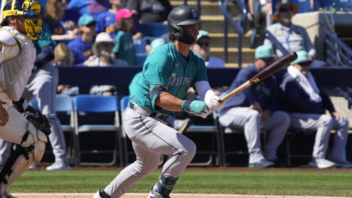 Seattle Mariners second baseman Cole Young hits during a game against the Milwaukee Brewers on March 9 at American Family Fields of Phoenix.