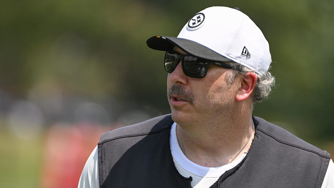 Jul 25, 2025; Pittsburgh, PA, USA; Pittsburgh Steelers offensive coordinator Arthur Smith participates in drills at training camp at Saint Vincent College. Mandatory Credit: Barry Reeger-Imagn Images