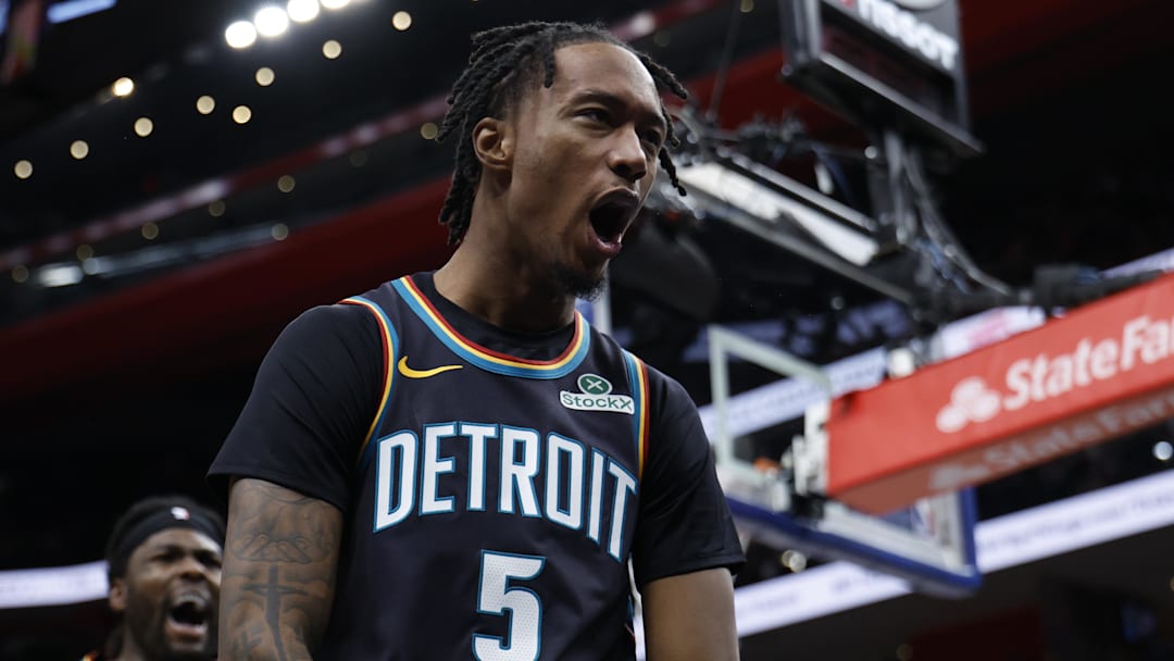 Dec 1, 2025; Detroit, Michigan, USA;  Detroit Pistons forward Ronald Holland II (5) celebrates in the second half against the Atlanta Hawks at Little Caesars Arena. Mandatory Credit: Rick Osentoski-Imagn Images