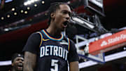 Dec 1, 2025; Detroit, Michigan, USA;  Detroit Pistons forward Ronald Holland II (5) celebrates in the second half against the Atlanta Hawks at Little Caesars Arena. Mandatory Credit: Rick Osentoski-Imagn Images