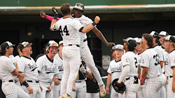 Vanderbilt catcher Colin Barczi (44) celebrates with Vanderbilt utility RJ Austin (42) after Barczi's hits his second home run of the night during a NCAA baseball game between the Tennessee Volunteers and Vanderbilt Commodores at Lindsey Nelson Stadium on May 11, 2025.