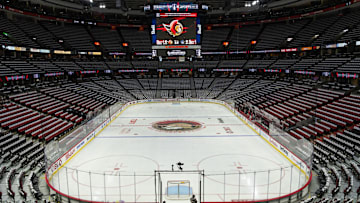 May 1, 2025; Ottawa, Ontario, CAN; The Canadian Tire centre prior to game six of the first round of the 2025 Stanley Cup Playoffs between the Toronto Maple Leafs and the Ottawa Senators. Mandatory Credit: Marc DesRosiers-Imagn Images