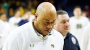 Notre Dame head coach Micah Shrewsberry walks off the court after losing a NCAA men's basketball game 75-60 against Louisville at Purcell Pavilion on Sunday, Feb. 16, 2025, in South Bend.