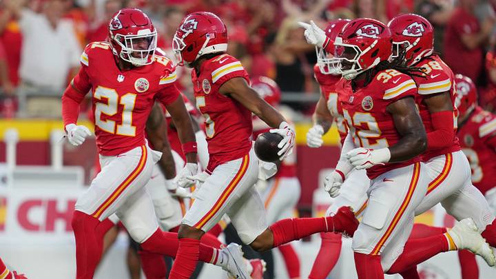 Kansas City Chiefs cornerback Mansoor Delane (5) reacts after an interception at Arrowhead Stadium.