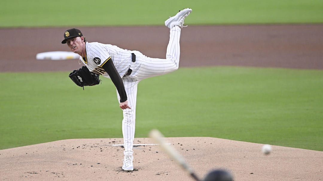 Aug 20, 2025; San Diego, California, USA; San Diego Padres starting pitcher JP Sears  (38) delivers during the first inning against the San Francisco Giants at Petco Park. Mandatory Credit: Denis Poroy-Imagn Images