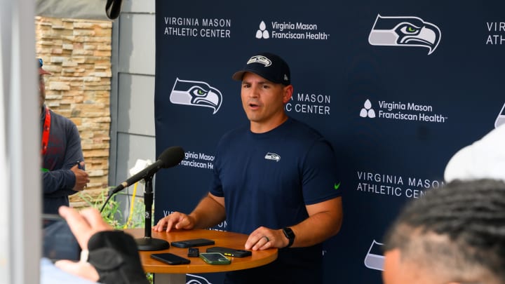 Jul 27, 2024; Renton, WA, USA; Seattle Seahawks head coach Mike Macdonald talks to the media after training camp at Virginia Mason Athletic Center. Mandatory Credit: Steven Bisig-USA TODAY Sports