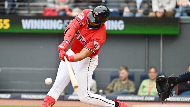 Apr 21, 2026:Cleveland Guardians right fielder George Valera (7) hits an RBI single during the first inning against the Houston Astros at Progressive Field. 