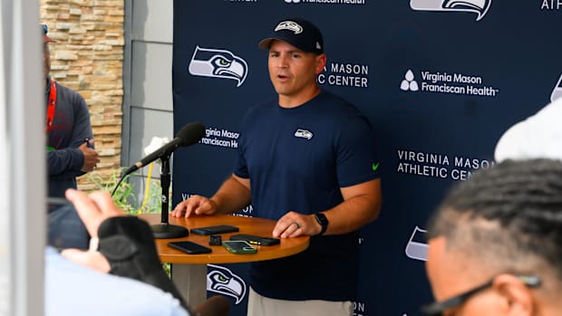Seattle Seahawks head coach Mike Macdonald talks to the media after training camp at Virginia Mason Athletic Center.