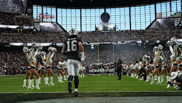 Nov 2, 2025; Paradise, Nevada, USA; A general overall view as Las Vegas Raiders wide receiver Jakobi Meyers (16) enters the field before the game against the Jacksonville Jaguars at Allegiant Stadium. 
