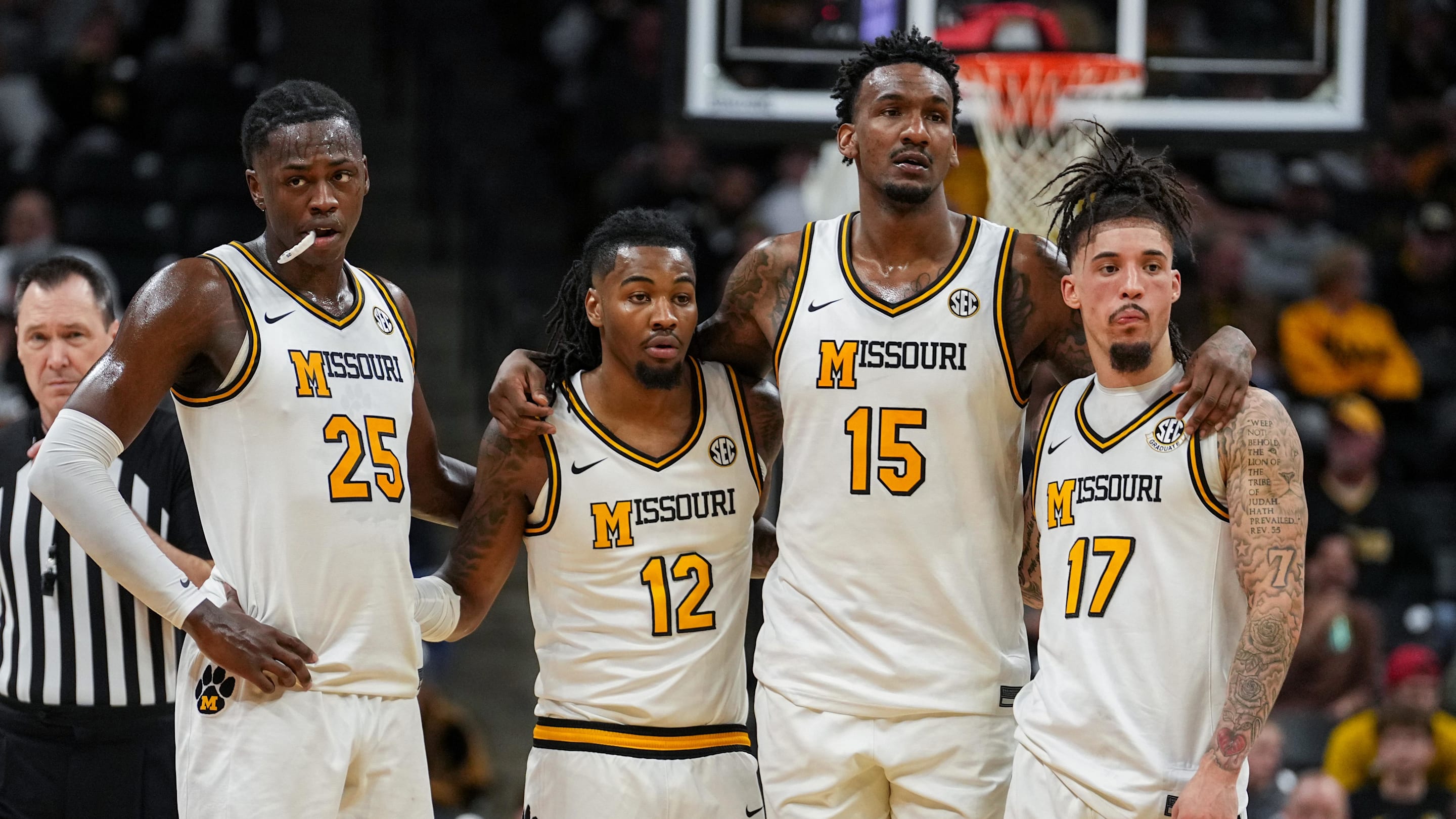 Jan 20, 2026; Columbia, Missouri, USA; Missouri Tigers guard Mark Mitchell (25) and guard Sebastian Mack (12) and center Shawn Phillips Jr. (15) and guard Jayden Stone (17) stand on court against the Georgia Bulldogs during a technical foul decision during the first half of the game at Mizzou Arena. Mandatory Credit: Denny Medley-Imagn Images