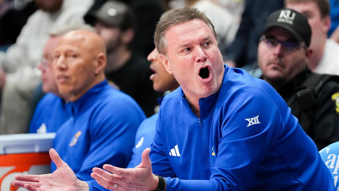 Feb 22, 2025; Lawrence, Kansas, USA; Kansas Jayhawks head coach Bill Self reacts to play against the Oklahoma State Cowboys during the second half at Allen Fieldhouse. Mandatory Credit: Denny Medley-Imagn Images