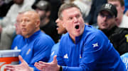 Feb 22, 2025; Lawrence, Kansas, USA; Kansas Jayhawks head coach Bill Self reacts to play against the Oklahoma State Cowboys during the second half at Allen Fieldhouse. Mandatory Credit: Denny Medley-Imagn Images