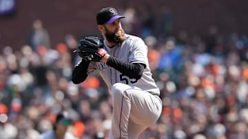 May 3, 2025; San Francisco, California, USA; Colorado Rockies relief pitcher Jake Bird (59) throws a pitch against the San Francisco Giants during the seventh inning at Oracle Park. Mandatory Credit: Darren Yamashita-Imagn Images