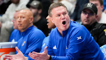 Feb 22, 2025; Lawrence, Kansas, USA; Kansas Jayhawks head coach Bill Self reacts to play against the Oklahoma State Cowboys during the second half at Allen Fieldhouse. Mandatory Credit: Denny Medley-Imagn Images