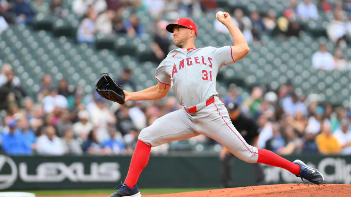 Jul 22, 2024; Seattle, Washington, USA; Los Angeles Angels starting pitcher Tyler Anderson (31) pitches to the Seattle Mariners during the first inning at T-Mobile Park. Mandatory Credit: Steven Bisig-USA TODAY Sports