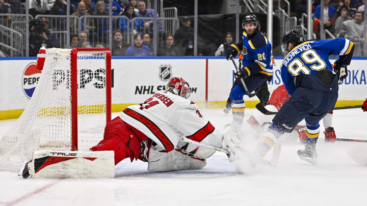 Apr 12, 2024; St. Louis, Missouri, USA;  Carolina Hurricanes goaltender Frederik Andersen (31)