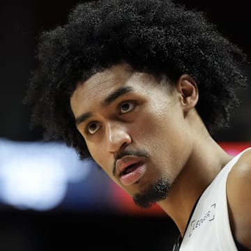 Jul 12, 2025; Las Vegas, NV, USA; San Antonio Spurs guard Dylan Harper (2) looks on in the third quarter of their game against the Dallas Mavericks at Thomas & Mack Center. Mandatory Credit: Candice Ward-Imagn Images