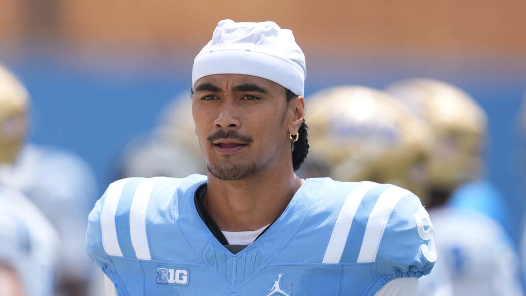 May 2, 2026; Pasadena, CA, USA; UCLA Bruins quarterback Nico Iamaleava (9) reacts during the spring game at Rose Bowl. Mandatory Credit: Kirby Lee-Imagn Images