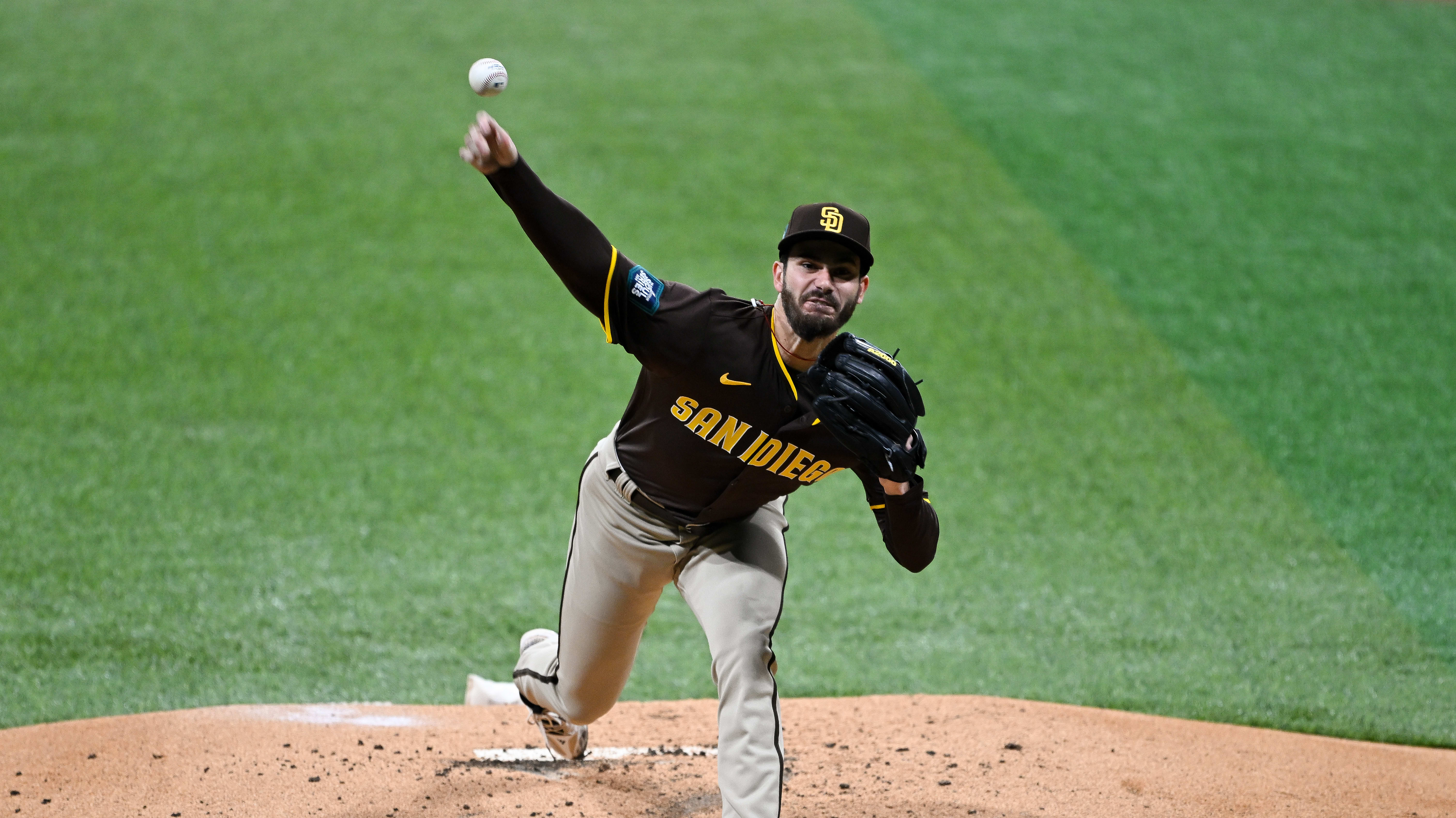 San Diego Padres starting pitcher Dylan Cease faces the LG Twins in an exhibition game in Korea.