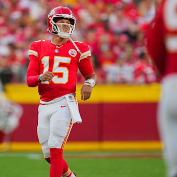 Sep 15, 2024; Kansas City, Missouri, USA; Kansas City Chiefs quarterback Patrick Mahomes (15) reacts after throwing an interception during the second half against the Cincinnati Bengals at GEHA Field at Arrowhead Stadium. Mandatory Credit: Jay Biggerstaff-Imagn Images