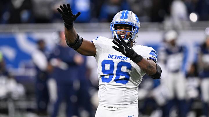 Dec 4, 2025; Detroit, Michigan, USA; Detroit Lions linebacker Al-Quadin Muhammad (96) during the second half against the Dallas Cowboys at Ford Field. Mandatory Credit: Lon Horwedel-Imagn Images