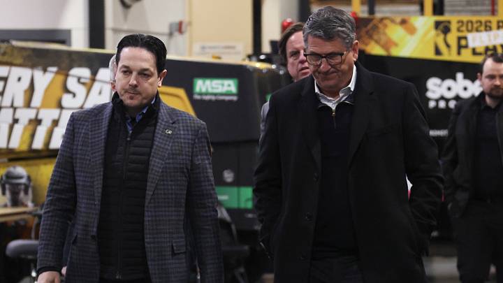 Apr 20, 2026; Pittsburgh, Pennsylvania, USA;  Philadelphia Flyers General Manager Danny Briere (left) and President of Hockey Operations Keith Jones (right) after the Flyers defeated the Pittsburgh Penguins in game two of the first round of the 2026 Stanley Cup Playoffs at PPG Paints Arena.