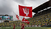 Indiana cheerleaders celebrate a touchdown as the Oregon Ducks host the Indiana Hoosiers Oct. 11, 2025, at Autzen Stadium in Eugene, Oregon.