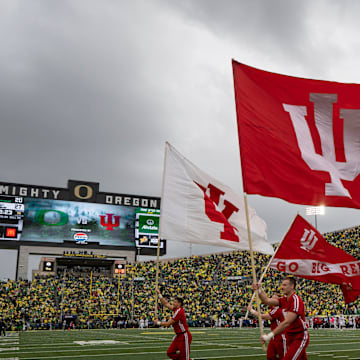 Indiana cheerleaders celebrate a touchdown as the Oregon Ducks host the Indiana Hoosiers Oct. 11, 2025, at Autzen Stadium in Eugene, Oregon.