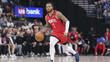 Apr 9, 2025; Inglewood, California, USA; Houston Rockets guard Cam Whitmore (7) dribbles against the Los Angeles Clippers in the second half at Intuit Dome. Mandatory Credit: Kirby Lee-Imagn Images