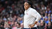 Mar 28, 2025; Spokane, WA, USA; Ole Miss Rebels head coach Yolett McPhee-McCuin looks on against the UCLA Bruins during the second half of a Sweet 16 NCAA Tournament basketball game at Spokane Arena. at Spokane Arena. Mandatory Credit: James Snook-Imagn Images
