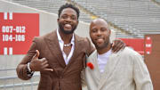 Former Wisconsin running backs Melvin Gordon, left, and James White at the UW Athletic Hall of Fame announcement ceremony inside Camp Randall Stadium on May 29, 2025.