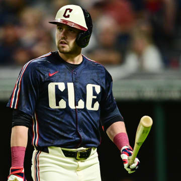 Aug 23, 2024; Cleveland, Ohio, USA; Cleveland Guardians center fielder Lane Thomas (8) reacts after striking out during the eighth inning against the Texas Rangers at Progressive Field. Mandatory Credit: Ken Blaze-USA TODAY Sports