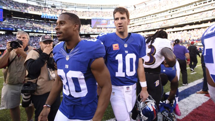 New York Giants wide receiver Victor Cruz (80) and New York Giants quarterback Eli Manning (10) after the game. The New York Giants defeated the Baltimore Ravens 27-23 at MetLife Stadium on October 16, 2016.