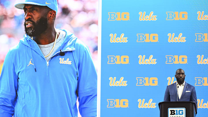 UCLA Bruins head coach DeShaun Foster speaks to the media during the Big 10 football media day. Mandatory Credit: Robert Goddin—Imagn Images