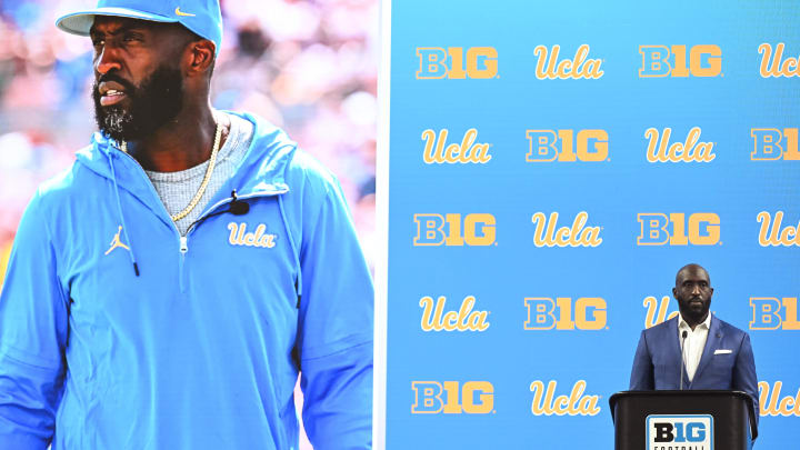 Jul 24, 2024; Indianapolis, IN, USA;  UCLA Bruins head coach DeShaun Foster speaks to the media during the Big 10 football media day at Lucas Oil Stadium. Mandatory Credit: Robert Goddin-USA TODAY Sports