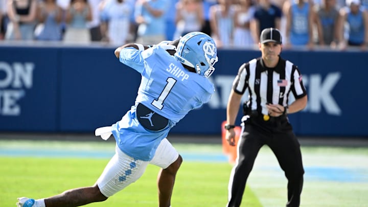 Sep 13, 2025; Chapel Hill, North Carolina, USA; North Carolina Tar Heels wide receiver Jordan Shipp (1) makes a catch in the second quarter at Kenan Stadium. Mandatory Credit: Bob Donnan-Imagn Images Sep 13, 2025; Chapel Hill, North Carolina, USA; North Carolina Tar Heels wide receiver Jordan Shipp (1) makes a catch in the second quarter at Kenan Stadium. Mandatory Credit: Bob Donnan-Imagn Images
