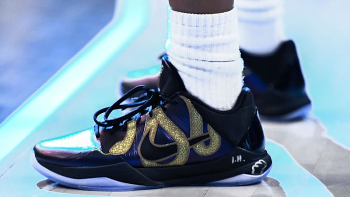 May 29, 2025; Brooklyn, New York, USA; A general view of basketball shoes worn by New York Liberty guard Natasha Cloud (9) during the second half against the Golden State Valkyries at Barclays Center. Mandatory Credit: John Jones-Imagn Images