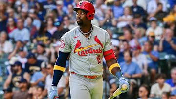 Sep 2, 2024; Milwaukee, Wisconsin, USA;  St. Louis Cardinals right fielder Jordan Walker (18) reacts after striking out in the eighth inning against the Milwaukee Brewers at American Family Field. Mandatory Credit: Benny Sieu-Imagn Images