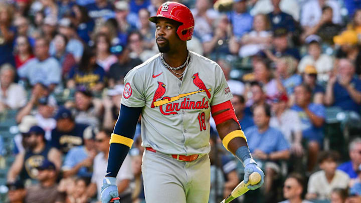 Sep 2, 2024; Milwaukee, Wisconsin, USA;  St. Louis Cardinals right fielder Jordan Walker (18) reacts after striking out in the eighth inning against the Milwaukee Brewers at American Family Field. Mandatory Credit: Benny Sieu-Imagn Images