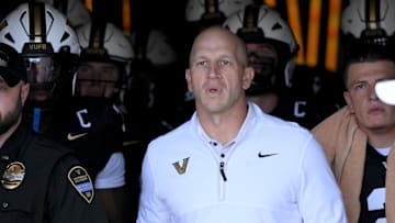 Oct 25, 2025; Nashville, Tennessee, USA; Vanderbilt Commodores head coach Clark Lea waits to take the field before their game against the Missouri Tigers at FirstBank Stadium. Mandatory Credit: Steve Roberts-Imagn Images