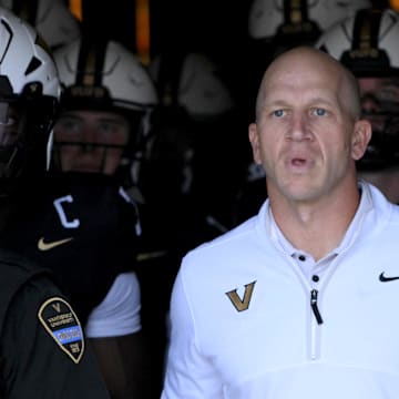 Oct 25, 2025; Nashville, Tennessee, USA; Vanderbilt Commodores head coach Clark Lea waits to take the field before their game against the Missouri Tigers at FirstBank Stadium. Mandatory Credit: Steve Roberts-Imagn Images