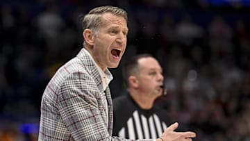 Mar 15, 2025; Nashville, TN, USA;  Alabama Crimson Tide head coach Nate Oats yells instructions to his team against the Florida Gators during the first half at Bridgestone Arena. Mandatory Credit: Steve Roberts-Imagn Images