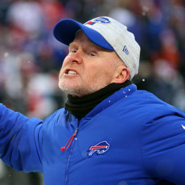 Bills head coach Sean McDermott celebrates a turnover on downs by the defense after an interception put the Falcons in good field position.