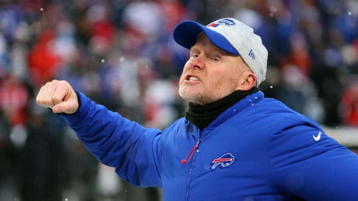 Bills head coach Sean McDermott celebrates a turnover on downs by the defense after an interception put the Falcons in good field position.