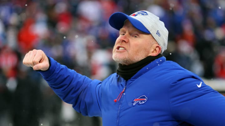 Bills head coach Sean McDermott celebrates a turnover on downs by the defense after an interception put the Falcons in good field position.