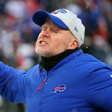 Bills head coach Sean McDermott celebrates a turnover on downs by the defense after an interception put the Falcons in good field position.